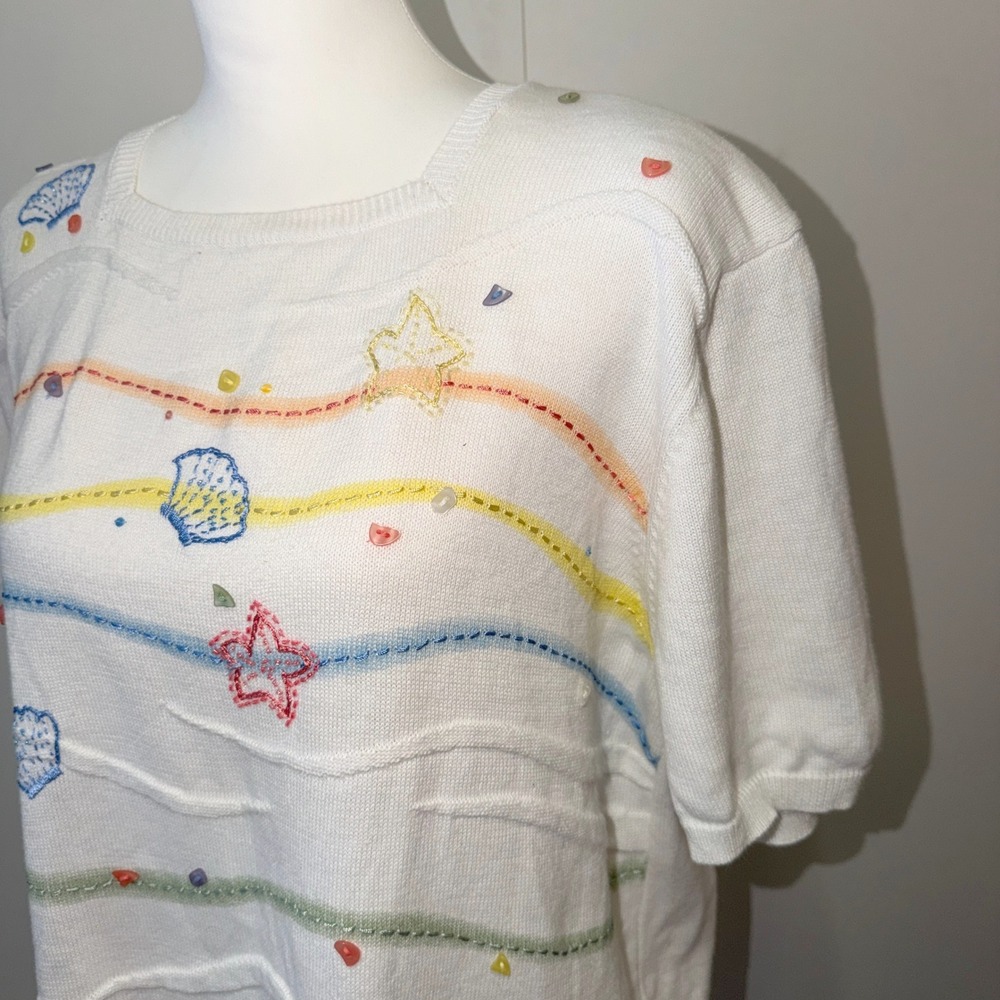 Alfred Dunner Womens XL White Seashell Starfish Embroidered Knit Top Coastal